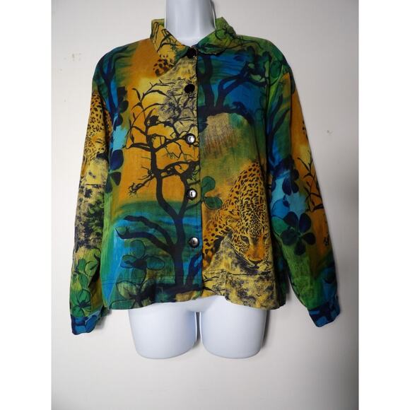 Kaktus USA Linen Top Blouse Button up Cheetah Animal Africa Trees Art to Wear Co - Picture 5 of 15